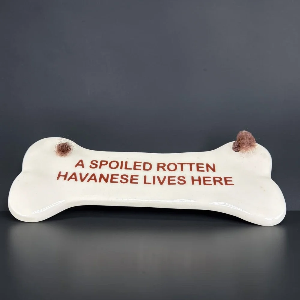 Smoky Mountain Pottery Havanese Dog Bone Wall Plaque Sign Vintage 1994 Tennessee